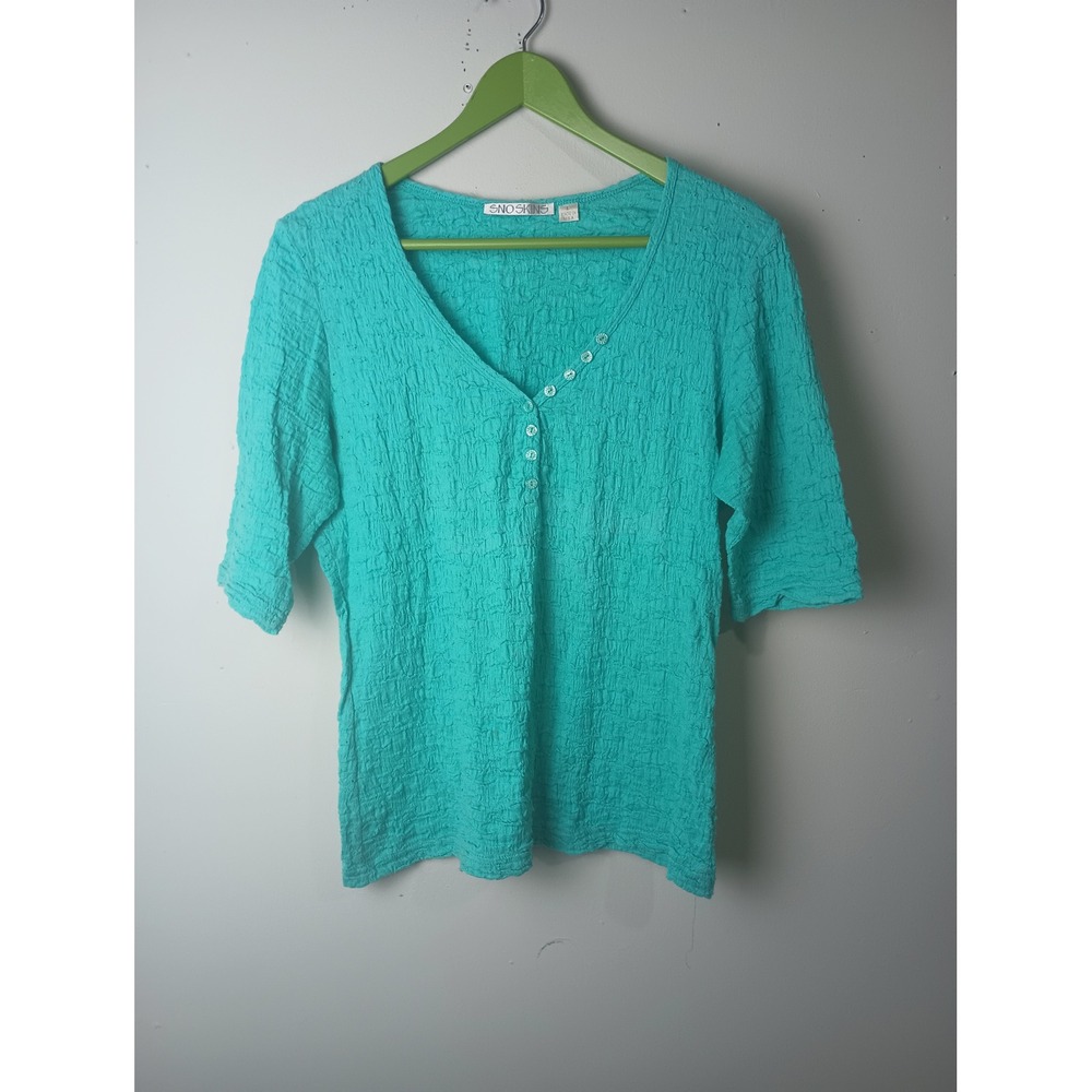 Sno Skins Womens Turquoise Textured Puckered V-Neck Button Top Large Made in USA